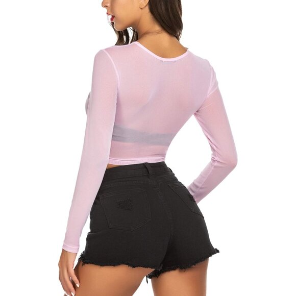 🆕 Women Pink Mesh Crop Top Long Sleeve See Through Shirt Sexy Sheer Cropped Tee - Picture 5 of 6